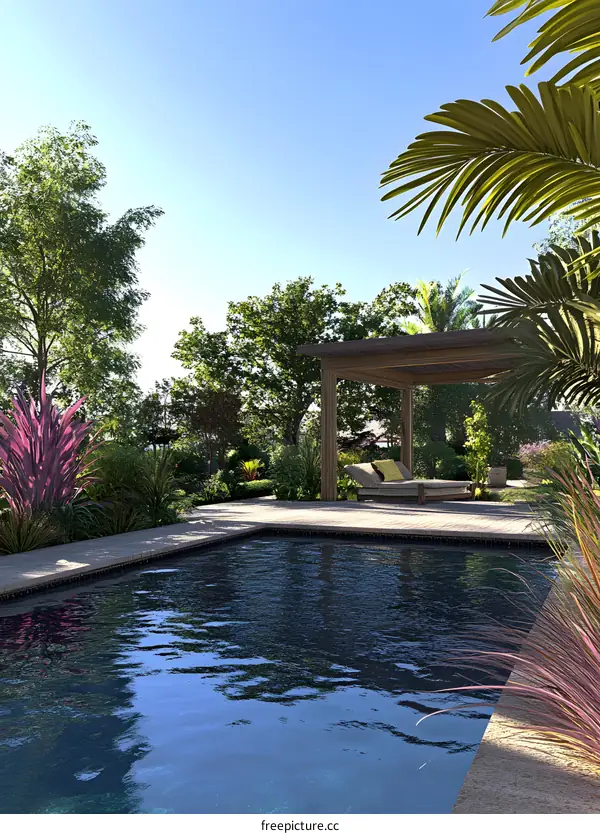 Tropical Poolside Relaxation with Gazebo and Lush Greenery