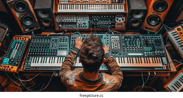 Male audio engineer working at a professional audio mixing console in a recording studio