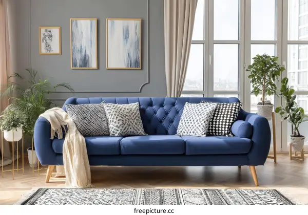 Modern Living Room with Blue Sofa and Decor