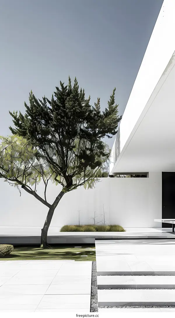 Modern Minimalist Architecture with Tree and White Wall