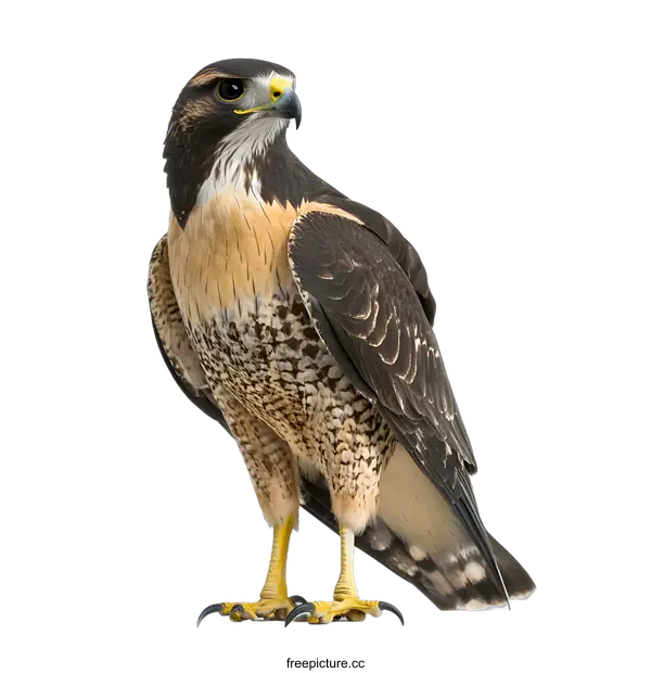 [Transparent Background PNG]Close Up of a Black and Tan Hawk Standing on White Background