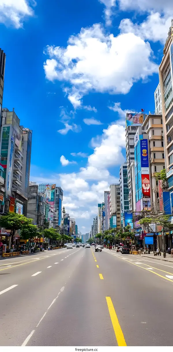 Empty Street in City with Tall Buildings and Blue Sky