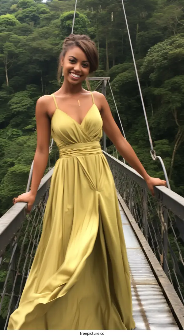 A woman in a yellow dress standing on a suspension bridge in the middle of a forest