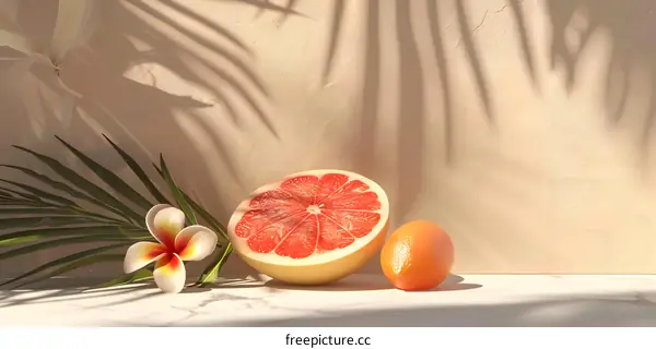 Tropical Fruit Still Life Photography with Palm Leaf and Flower
