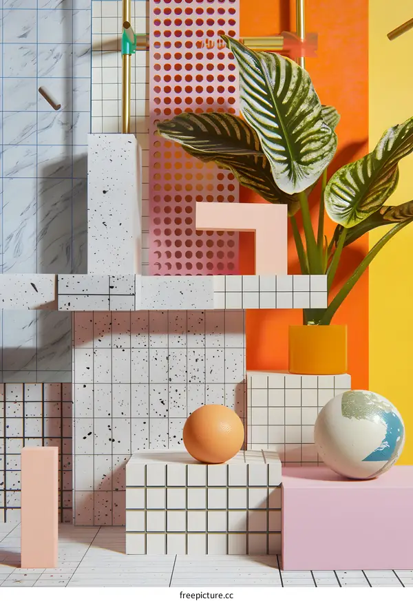 Abstract Geometric Composition With Plants and Orbs