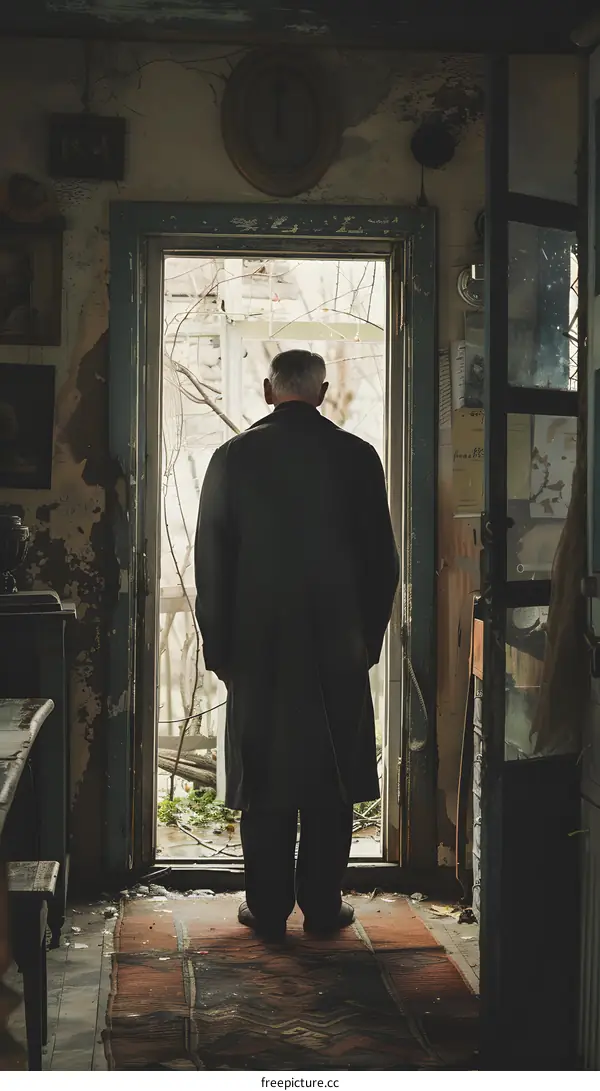 An old man standing in a doorway looking out