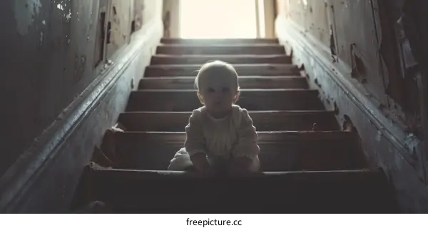 Baby sitting on the stairs of an abandoned house