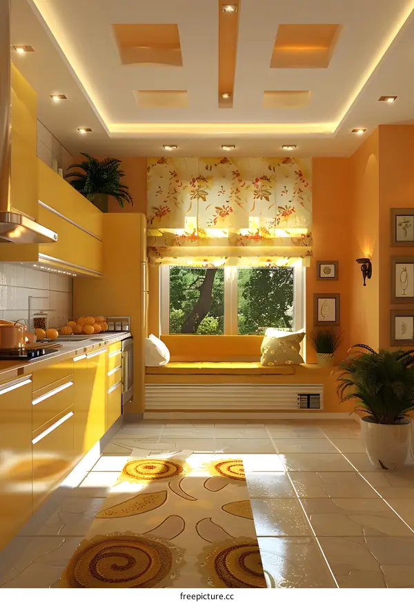 Modern Kitchen Interior Design With Yellow Cabinets and Window Seat