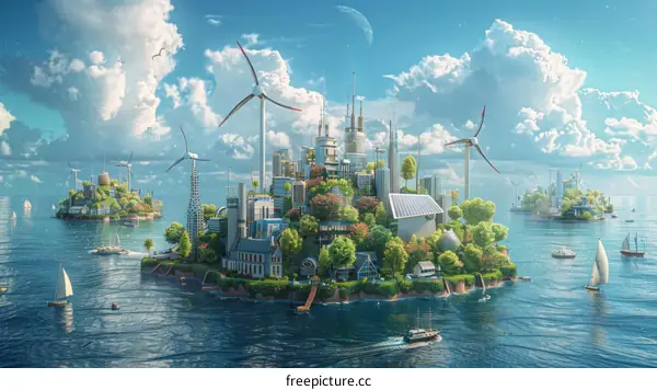 A collection of islands with futuristic and eco-friendly cityscape