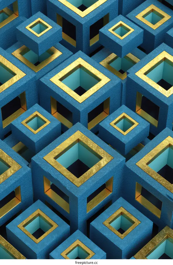 Abstract Geometric Pattern of Blue and Gold Cubes