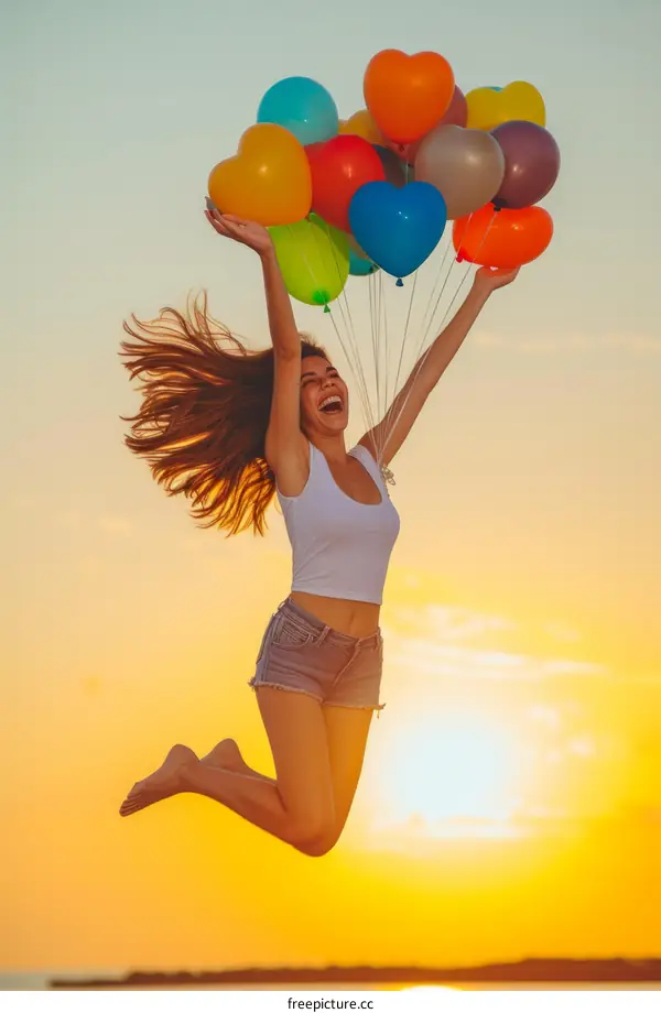 carefree woman jumping with colorful balloons at sunset
