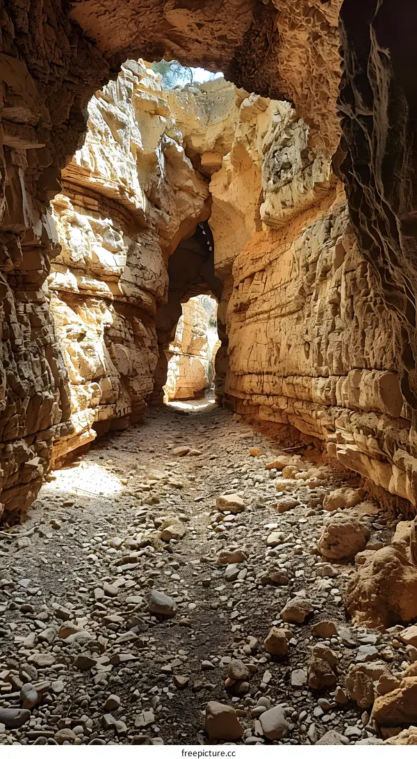 A long and narrow canyon with a small opening at the end