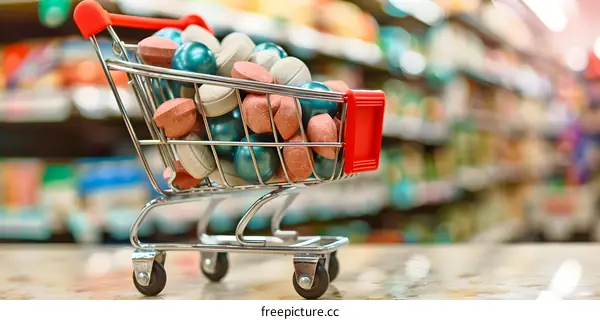 Mini Shopping Cart Full of Pills in Supermarket