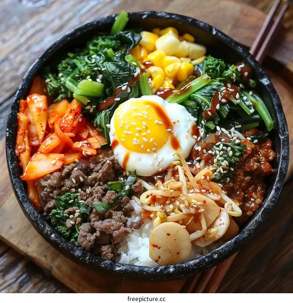 Traditional Korean Bibimbap with Rice, Meat, and Vegetables