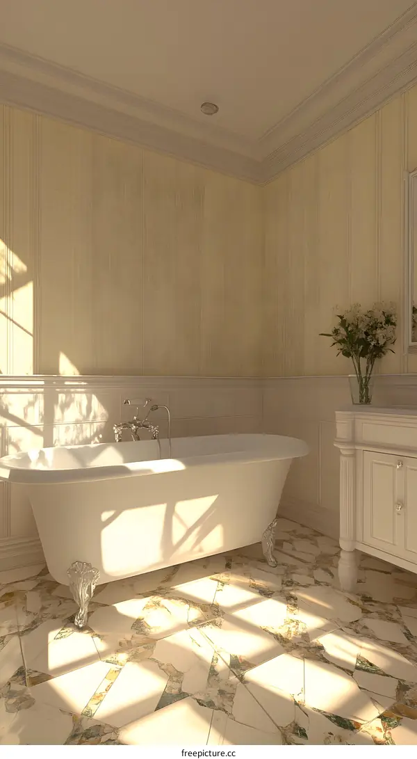 Elegant Bathroom Interior Design with White Bathtub and Marble Floor