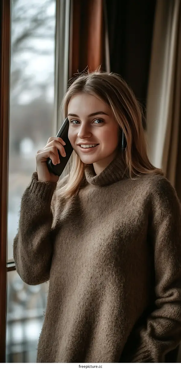 Smiling Woman Talking on Phone By Window