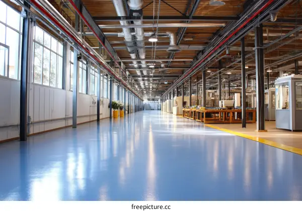 Modern Industrial Factory Interior with Blue Epoxy Floor