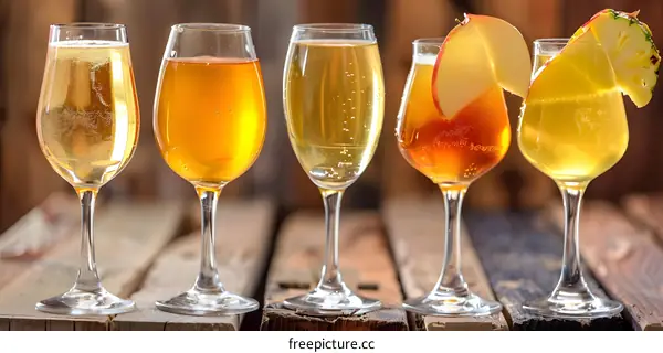 Four Glasses Of Sparkling Cider With Fruit Garnish On A Wooden Background