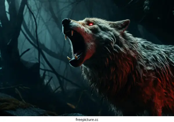 A wolf howls in the dark forest with red glowing eyes