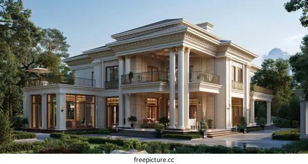A Grand Neoclassical Mansion Surrounded by Lush Gardens