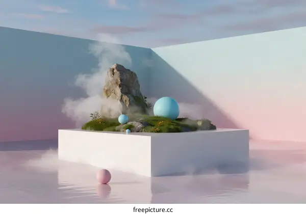 A Surreal Scenery with Rock, Spheres and Soft Clouds