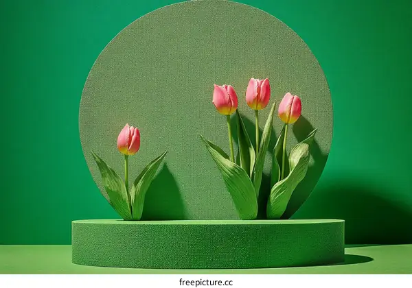 Pink Tulips on a Green Background Display