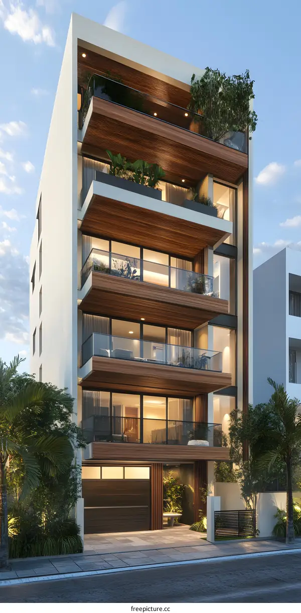 Modern Architecture Apartment Building with Balconies and Green Plants