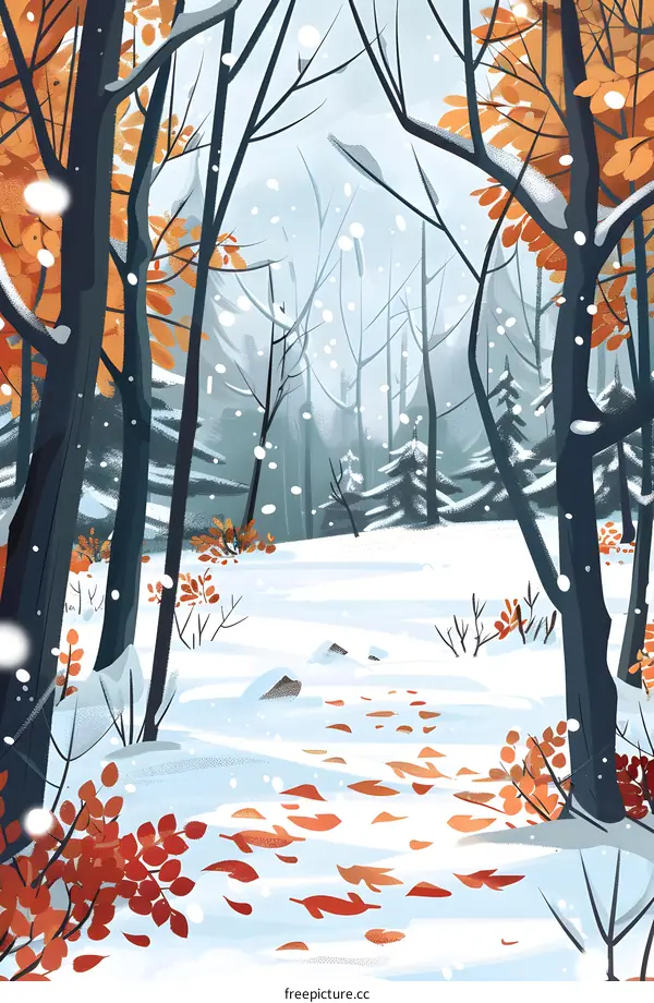 Winter Forest Illustration with Snow and Red Leaves