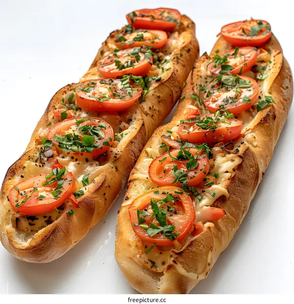 two loaves of bread topped with melted cheese, tomatoes and herbs