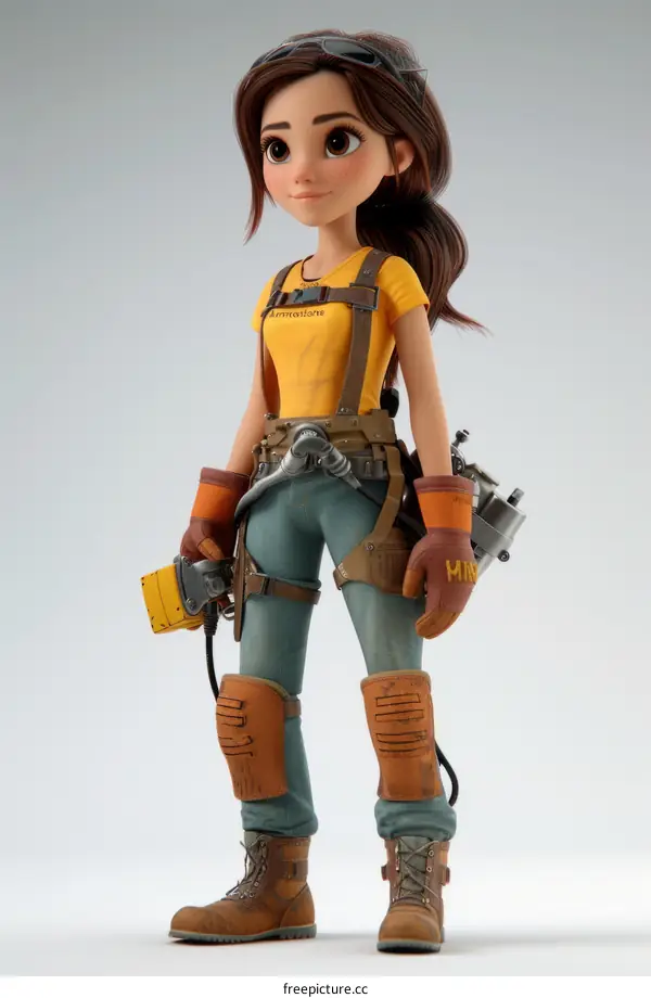 Girl wearing yellow shirt and blue jeans holding a tool