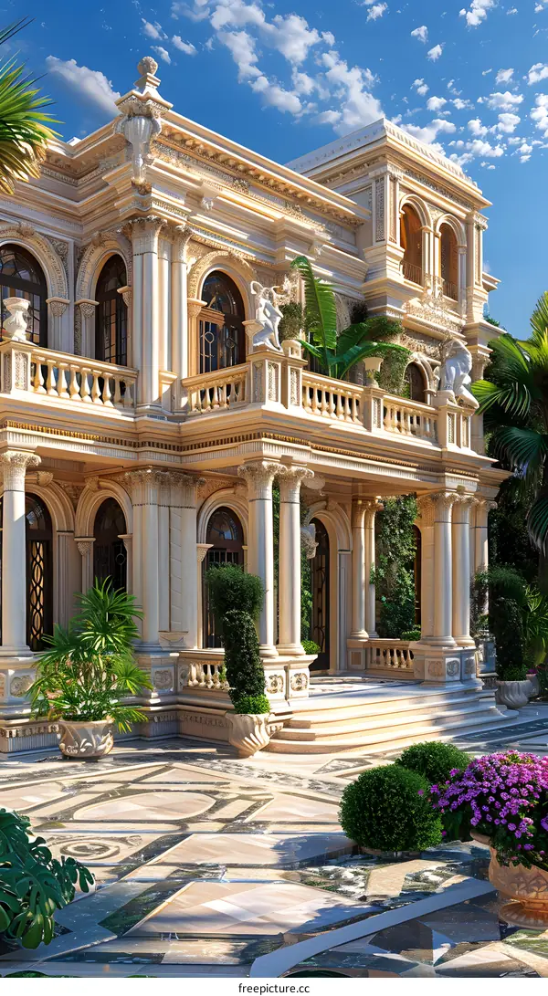 Luxury mansion with beautiful architecture and palm trees