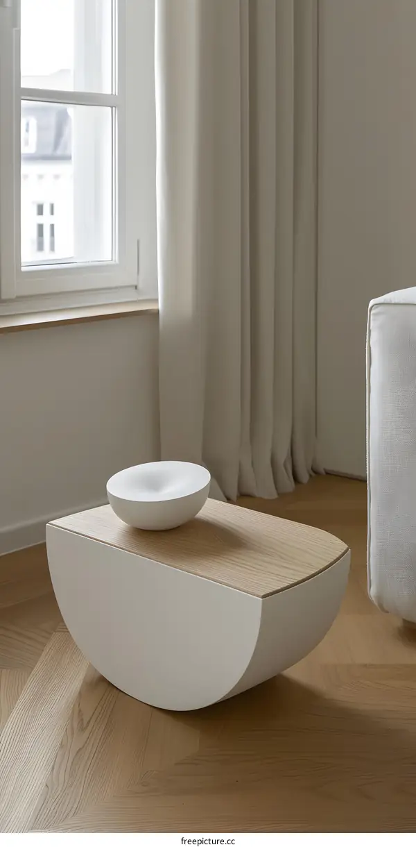 White Modern Coffee Table with Bowl on Top in Minimalist Living Room