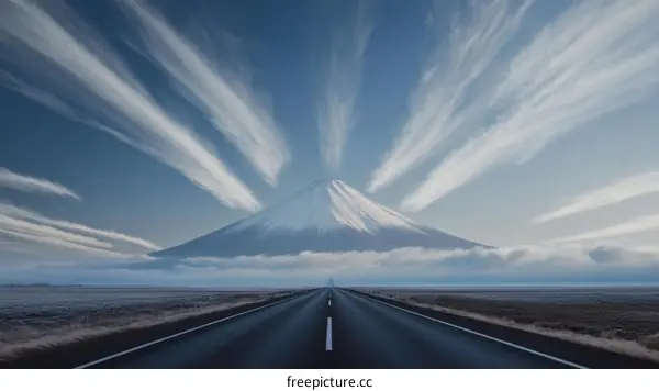 Majestic Fuji Mountain Sunrise Over Empty Road