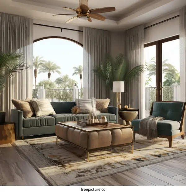 Modern Living Room with Comfy Green Sofa and Abundant Sunlight