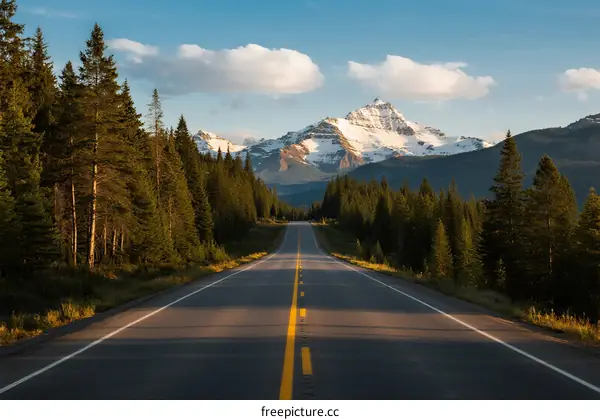 A scenic road leading through lush forests to snow-capped mountains