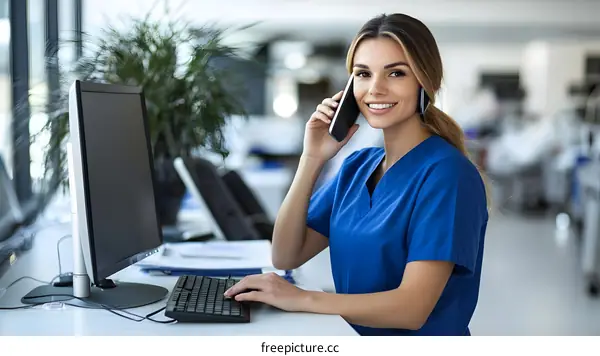 Female Healthcare Professional Talking on Phone in Modern Office