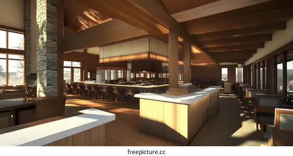 Modern Restaurant Interior Design with Wooden Beams and Stone Walls