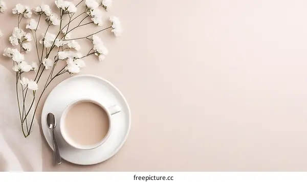 Minimalist Cup of Coffee with White Flowers on Beige Background
