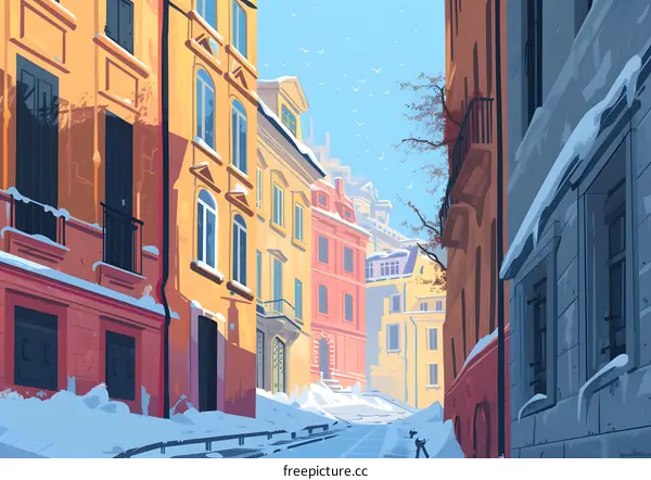 Snowy Street View in European City with Colorful Buildings