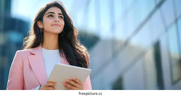 Confident Businesswoman with Tablet in Cityscape