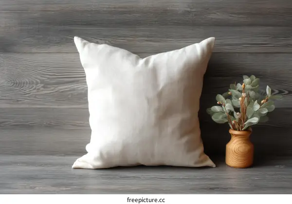 Blank Linen Pillow on a Wooden Background