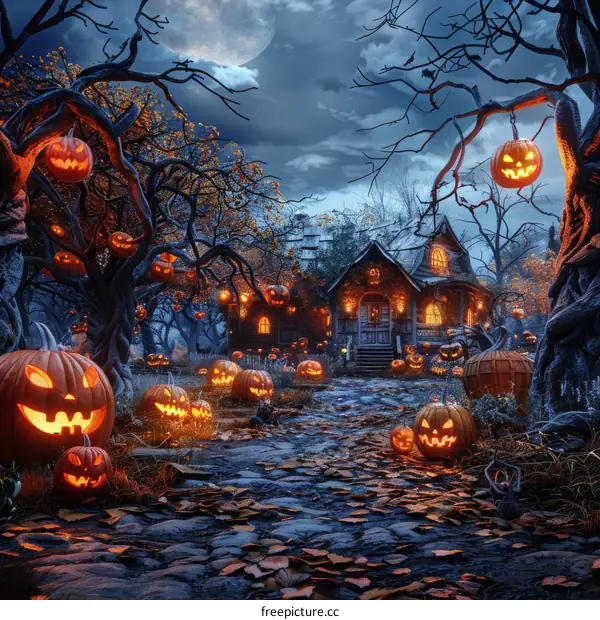 Halloween Night in a Creepy Forest with a Haunted House
