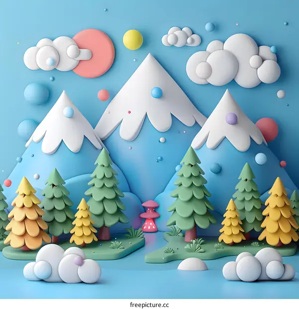 3D Cartoon Illustration of Snowy Mountains and Forest