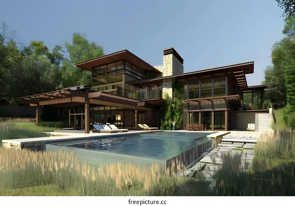 Modern House with Pool and Lush Greenery