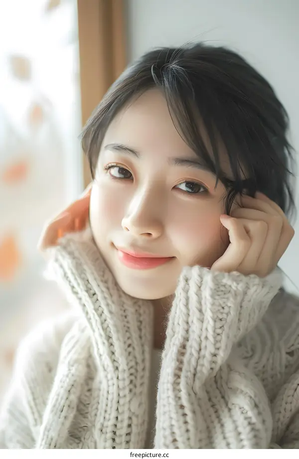 Beautiful Asian Woman Wearing White Knitted Sweater