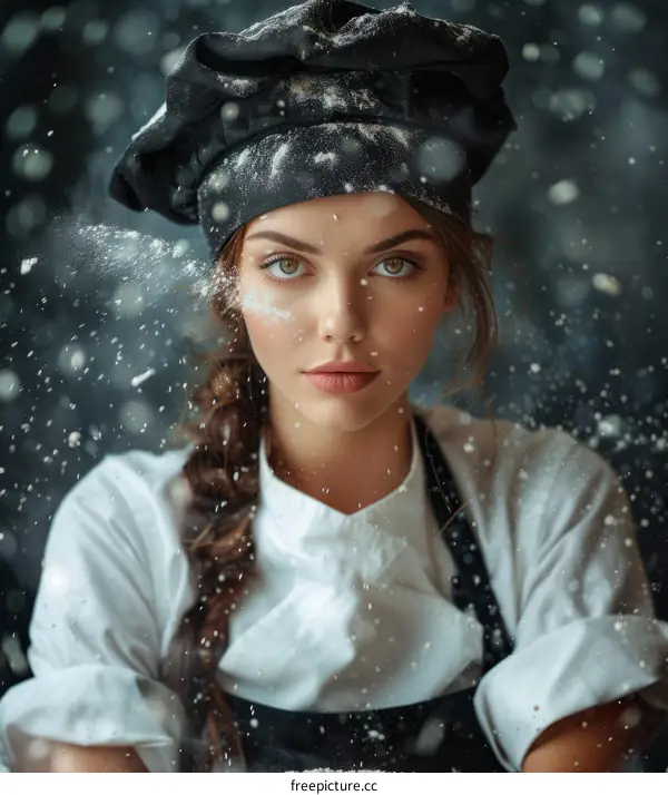 Portrait of a beautiful young female chef covered in flour