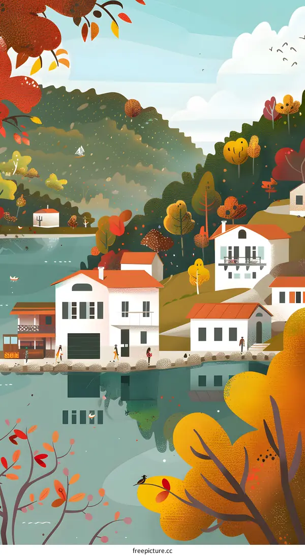 Autumn Village Landscape Illustration