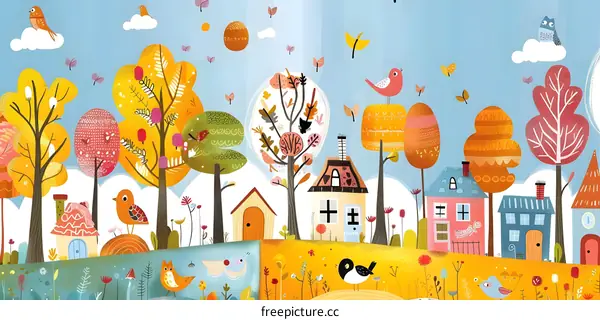 Colorful Autumn Landscape Illustration with Houses and Birds