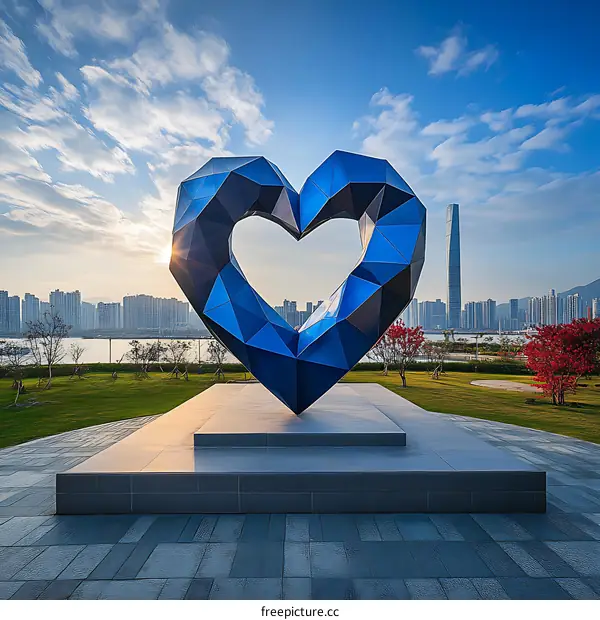 Blue Heart Sculpture in Park with Cityscape