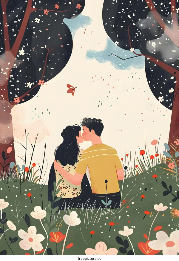 Couple Kissing in the Garden Illustration